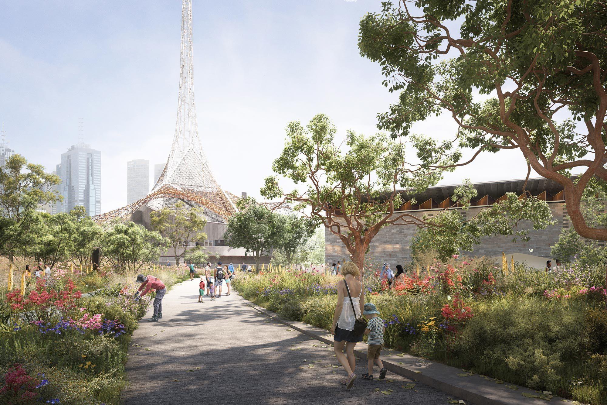 Render of a garden pathway with people walking along the path, the Arts Centre spire and NGV International are visible.